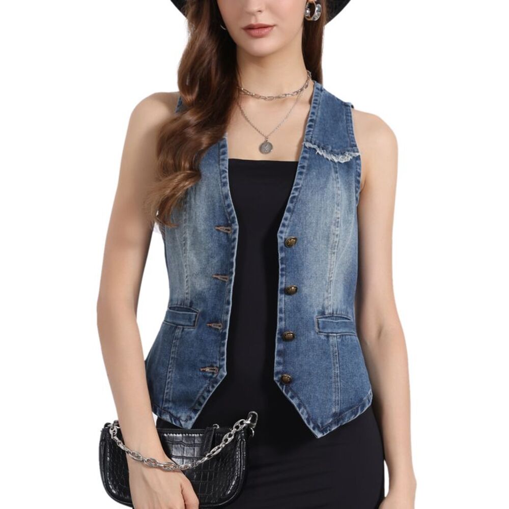 Denim Vest Sleeveless V Neck Washed Distressed Jean Jacket Gray Blue
